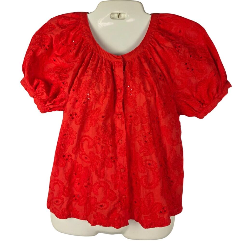 Calypso St Barth Cotton Top Sz M Red Embroidered Floral Boho Cottagecore Blouse